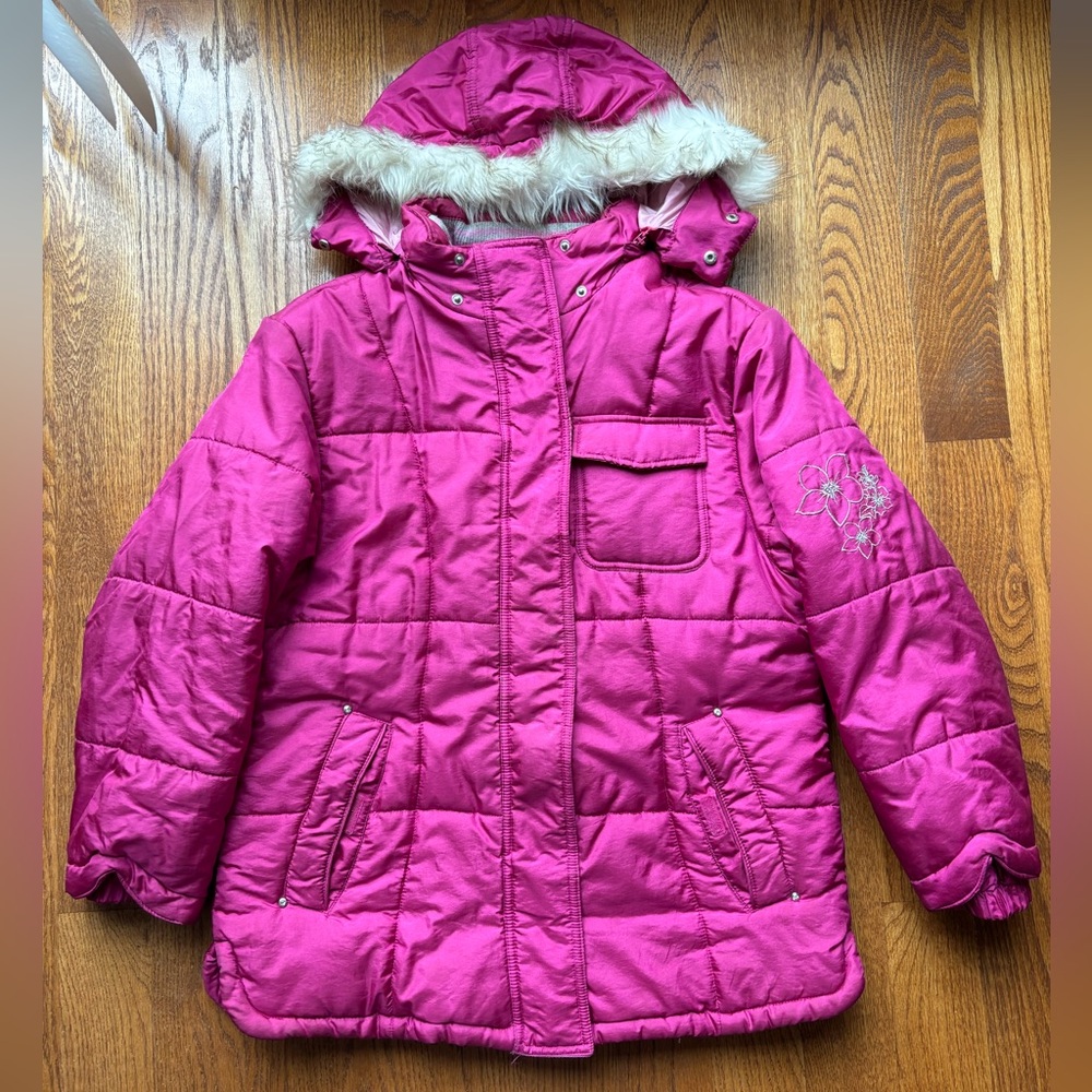 Girls Fuchsia Puffer Jacket with Faux Fur Hood - Size 14/16